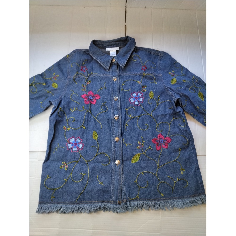 Susan Graver Style Denim Jacket L Embroidered Beaded Floral Button Front Boho